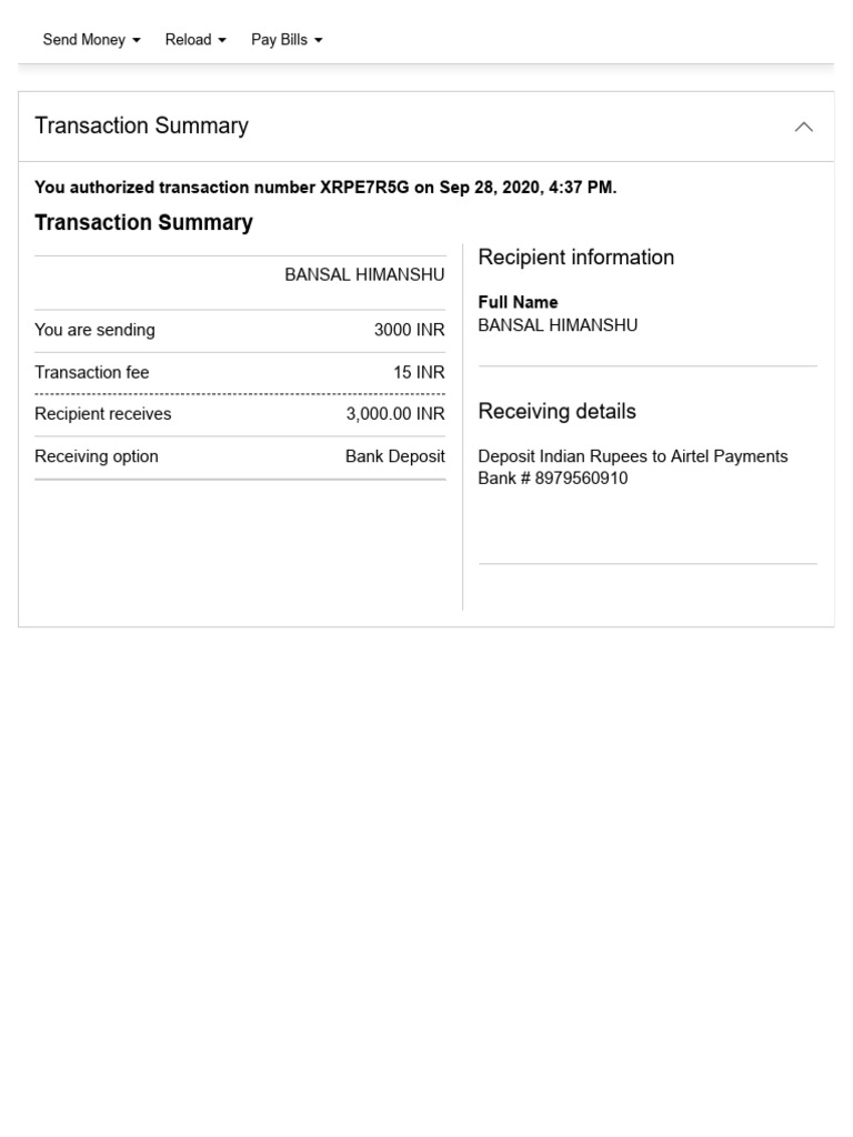 Successful Money Transfer Receipt | PDF