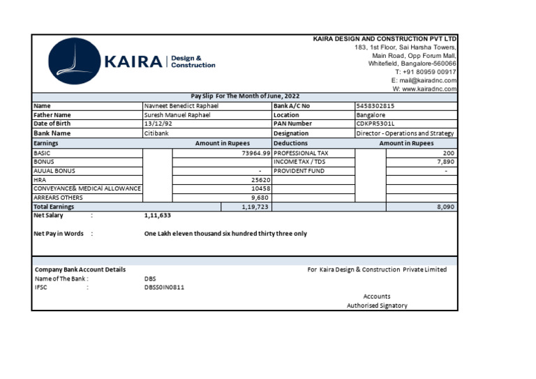 June 2022 Pay Slip for Kaira D&C | PDF | Money | Income