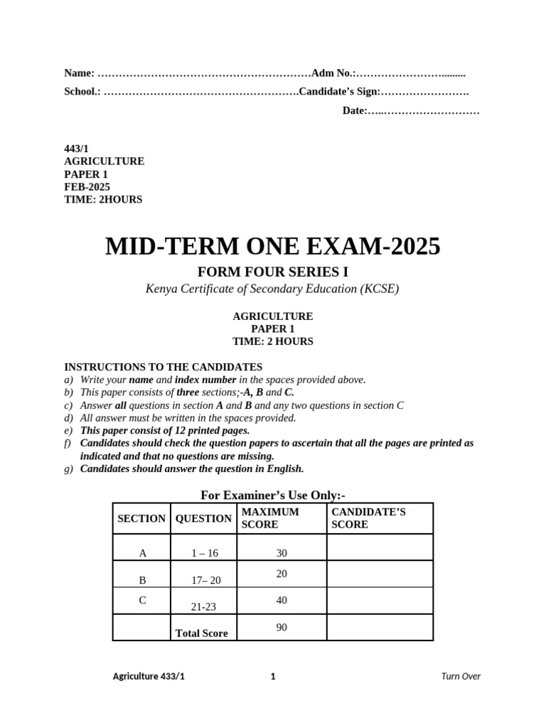 KCSE Agriculture Paper 1 Exam 2025 | PDF | Agriculture | Food Industry