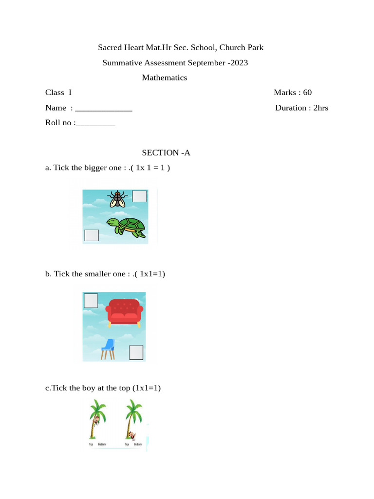Class 1 Maths Summative Assessment 2023 | PDF | Mathematics