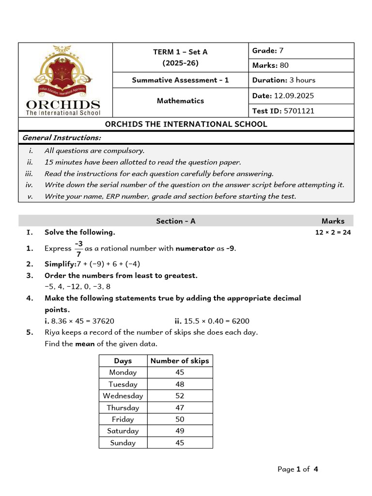 Grade 7 Mathematics Assessment 2025-26 | PDF | Numbers | Area