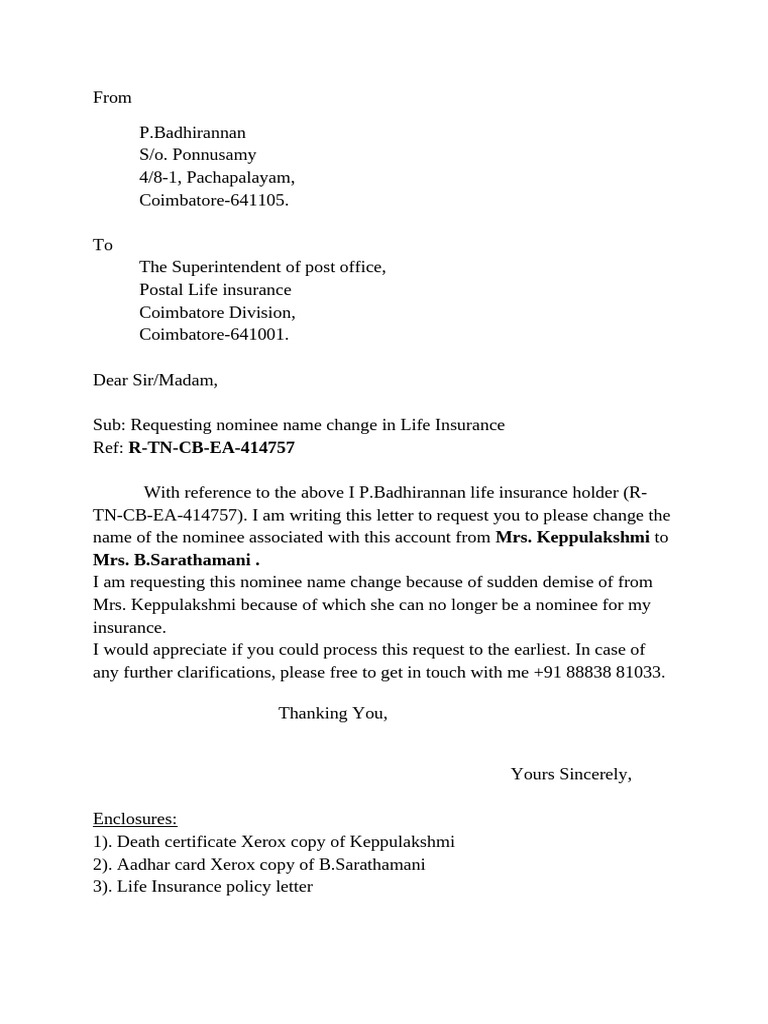 Nominee Change Request for Insurance | PDF