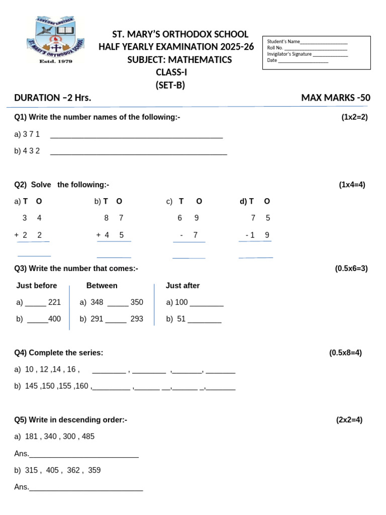 Class 1 Half Yearly Maths Paper | PDF