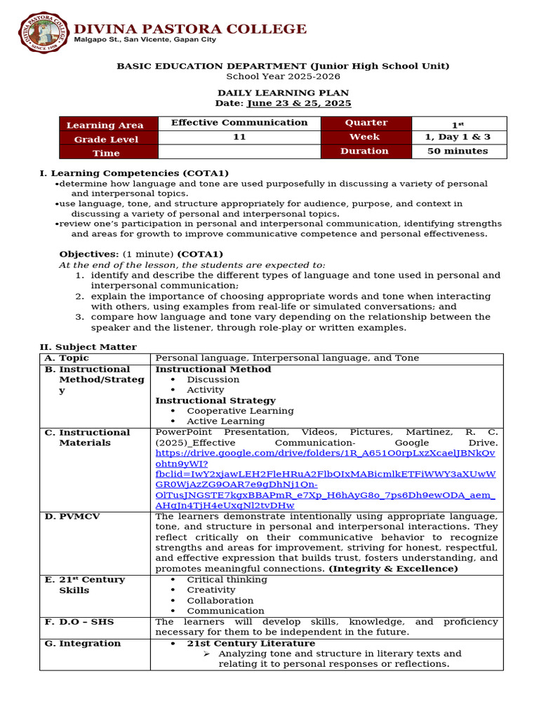 Effective Communication Lesson Plan | PDF | Communication | Learning