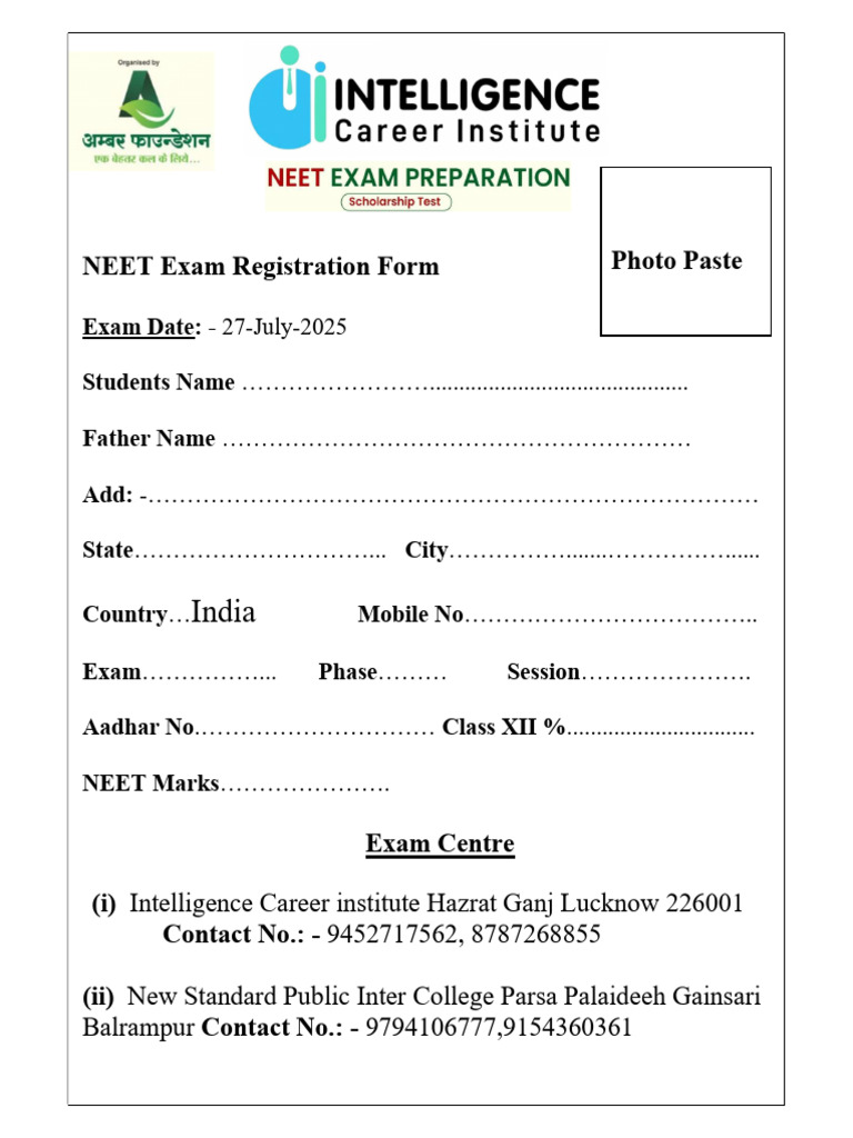 NEET Exam Registration Form 2025 | PDF
