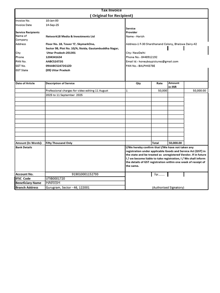 Tax Invoice for Video Editing Services | PDF | Invoice | Government