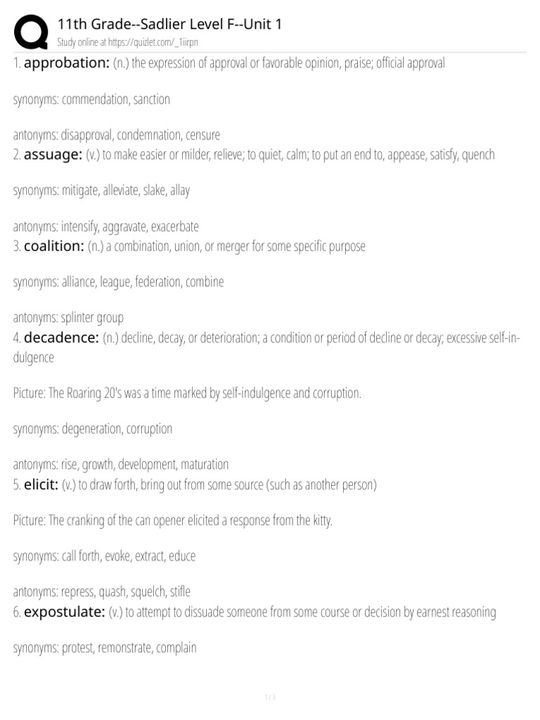 Unit 1 Level F Vocab Pdf