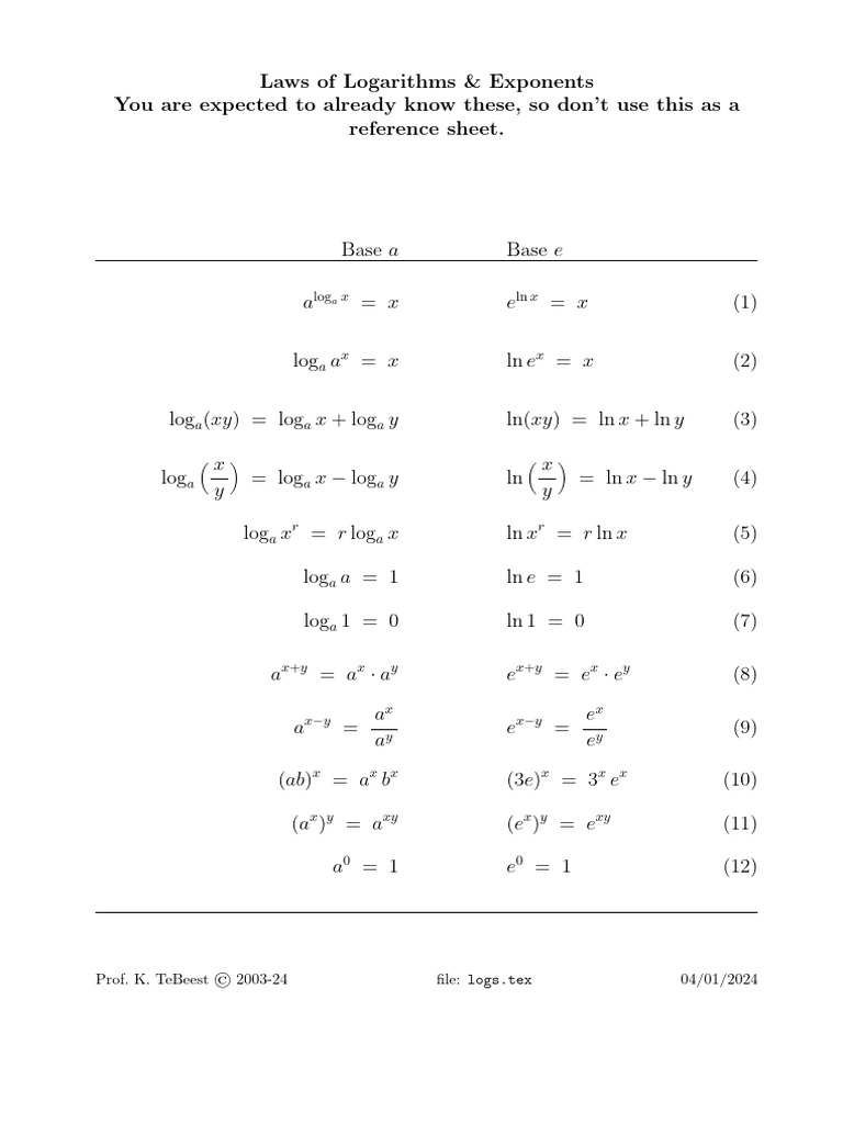Logarithm and Exponent Laws | PDF
