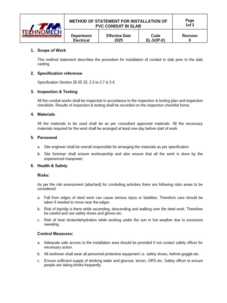 PVC Conduit Installation Method Statement | PDF