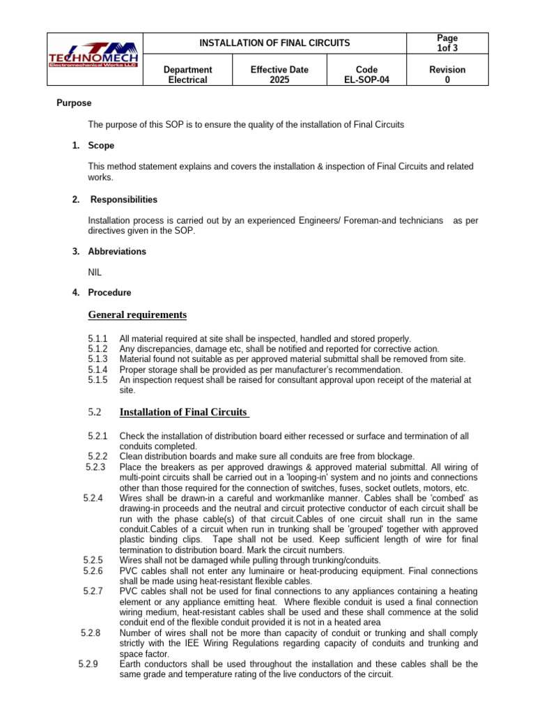 Final Circuits Installation SOP | PDF | Electrical Wiring | Electrical ...