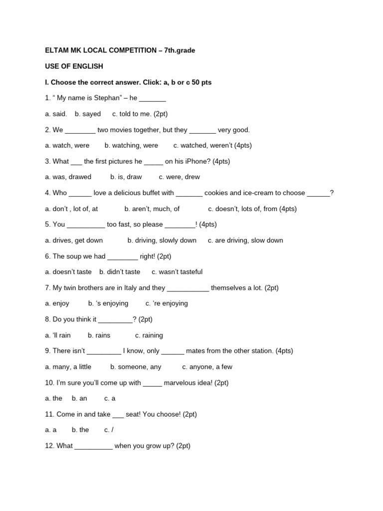 ELTAM 7th Grade English Test | PDF | Verb | Linguistic Morphology