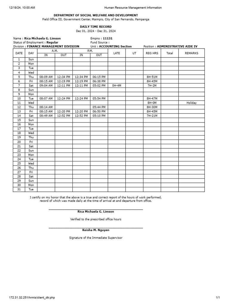 Daily Time Record for Rica Limson | PDF