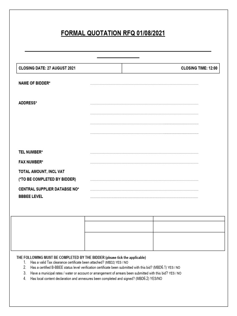 RFQ 01 of 08 of 2021 Formal Quotation Document | PDF | Subcontractor ...