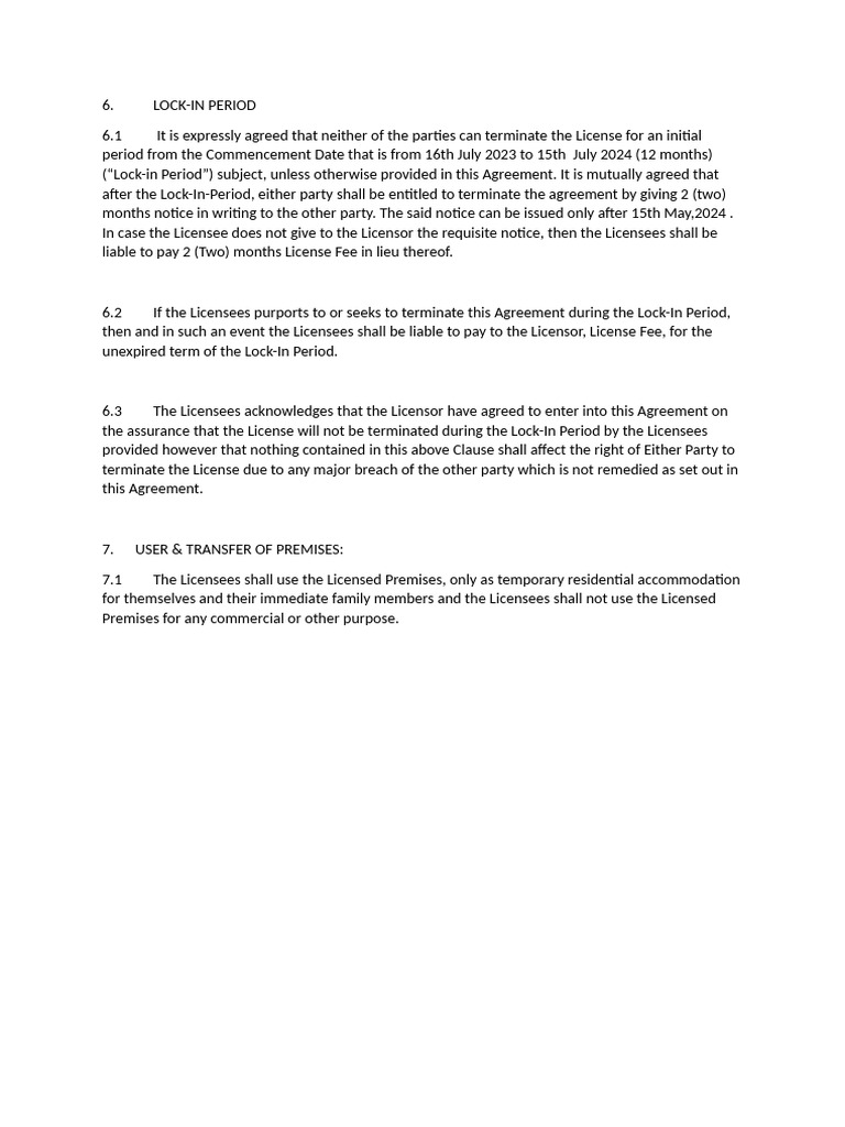 License Agreement Lock-In Period Details | PDF