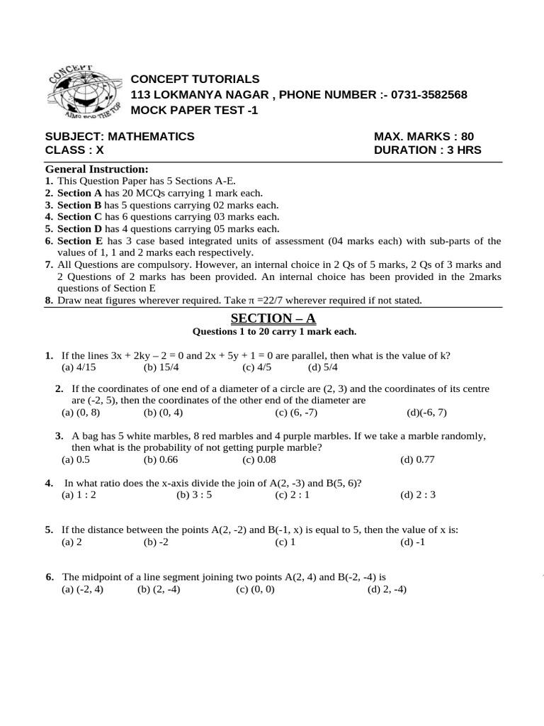 Class X Mathematics Mock Test Paper | PDF | Quadratic Equation ...