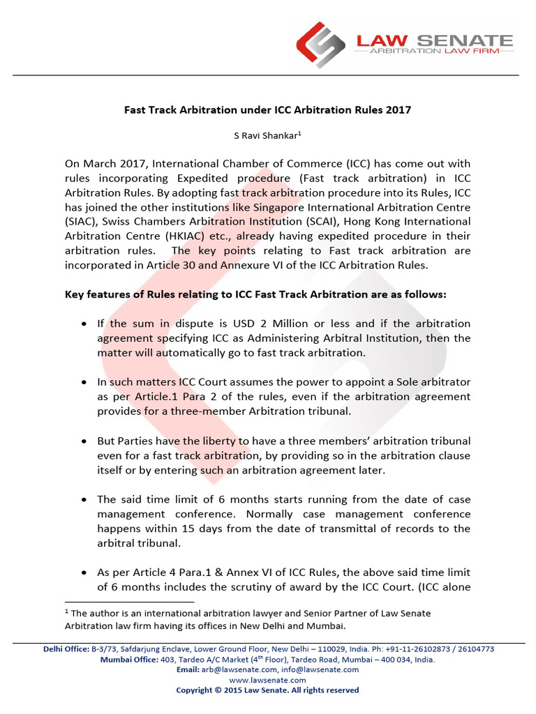 ICC Fast Track Arbitration Rules 2017 | PDF | Arbitration | Arbitral ...