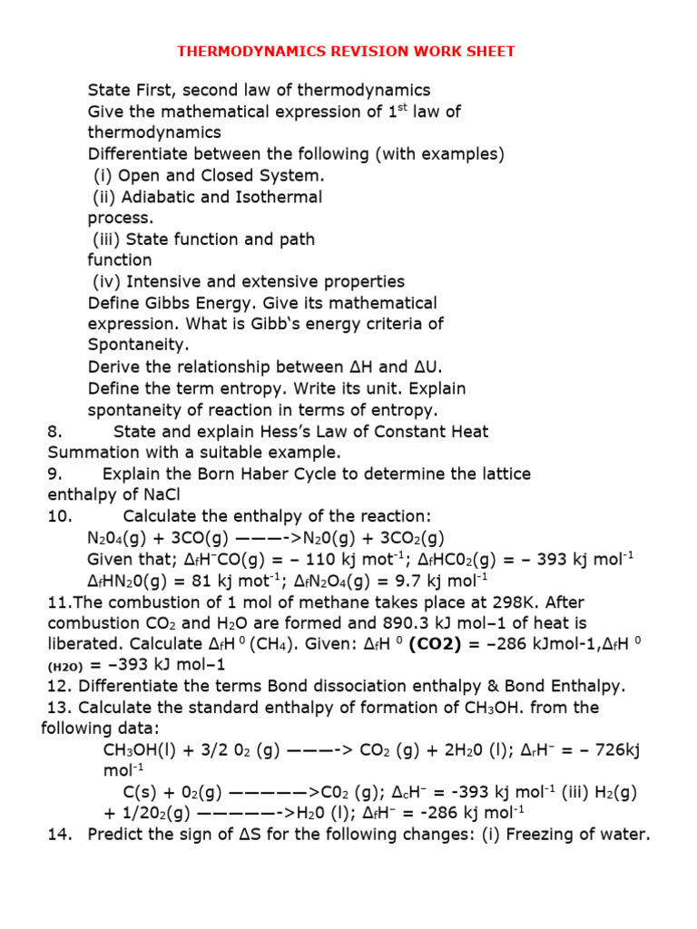 Thermodynamics Revision Worksheet | PDF | Enthalpy | Entropy