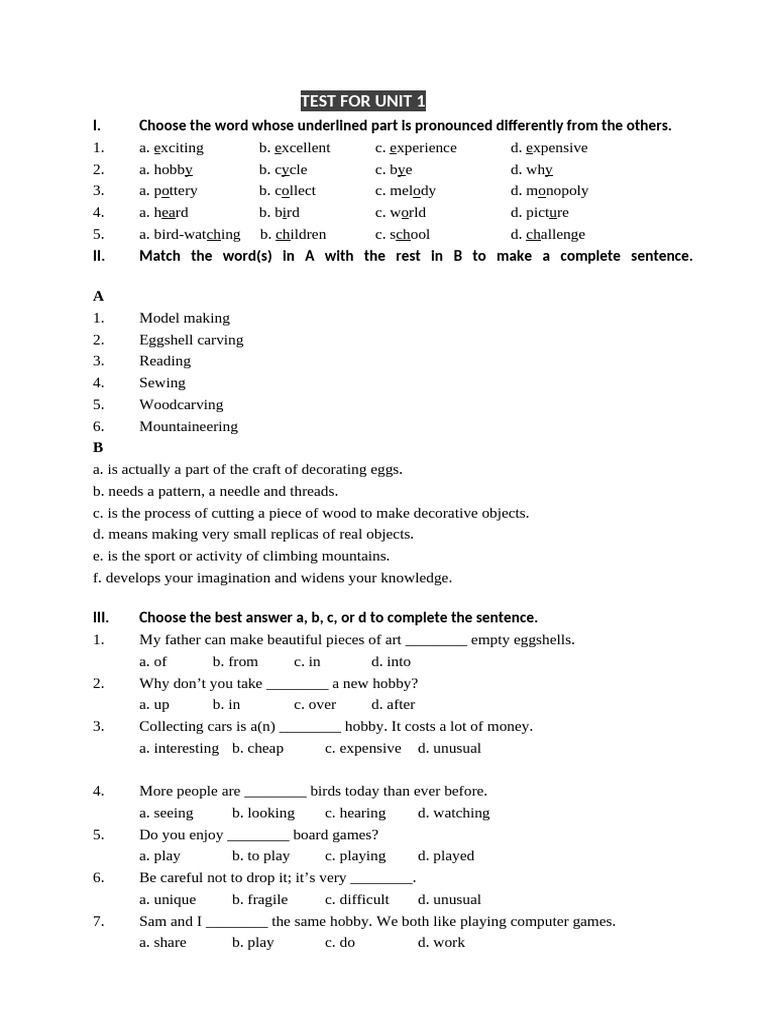 Unit 1 Test: Vocabulary and Hobbies | PDF