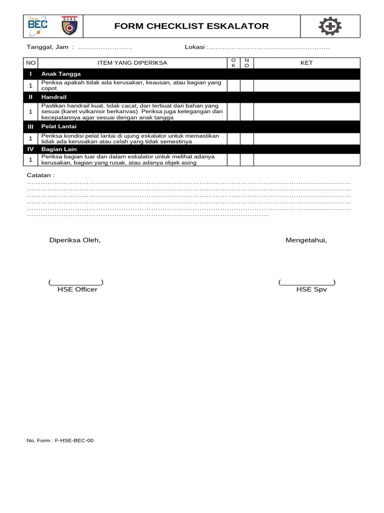 HSE BEC - Form Check List Eskalator | PDF