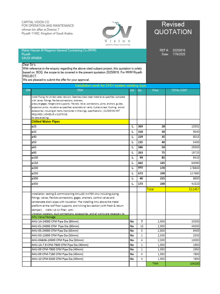 Chilled Water System Installation Quotation | PDF | Pipe (Fluid ...