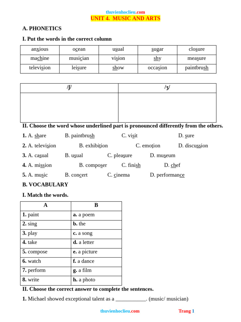 Bai Tap Thuc Hanh Tieng Anh 7 Global UNIT 4 MUSIC AND ARTS | PDF ...