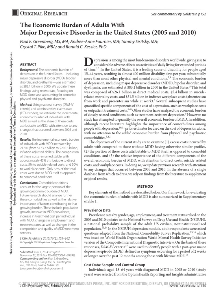 Economic Impact of Major Depression | PDF | Major Depressive Disorder ...