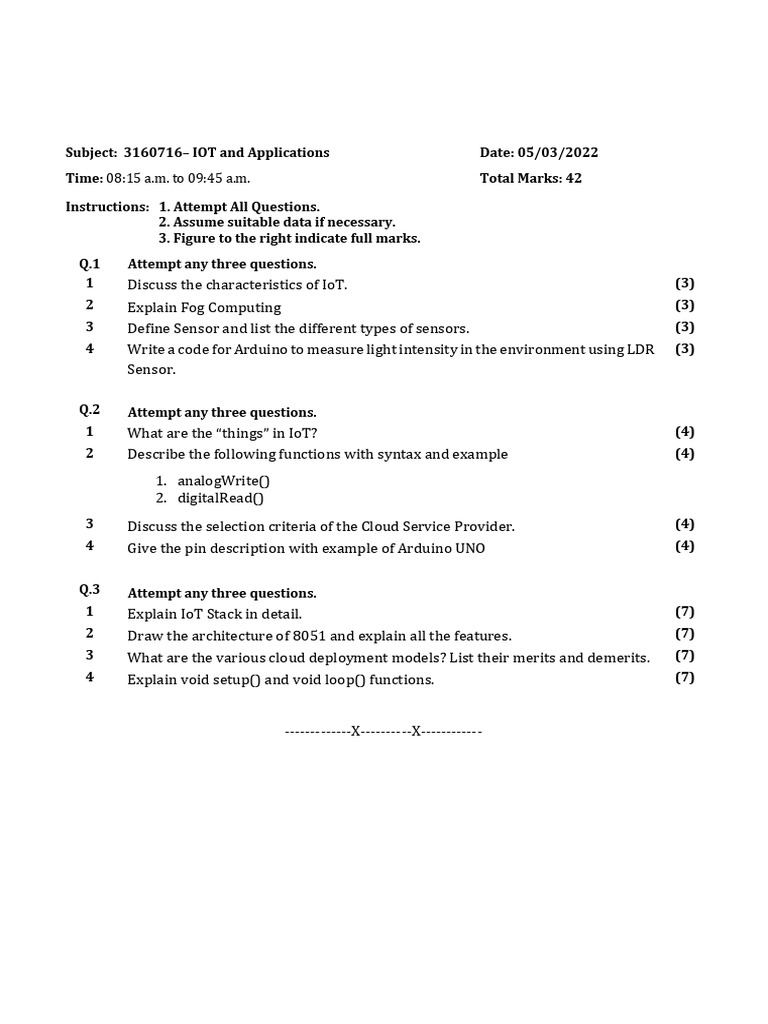 Que Paper 3160716 - IOT and Applications Mid 2022 | PDF