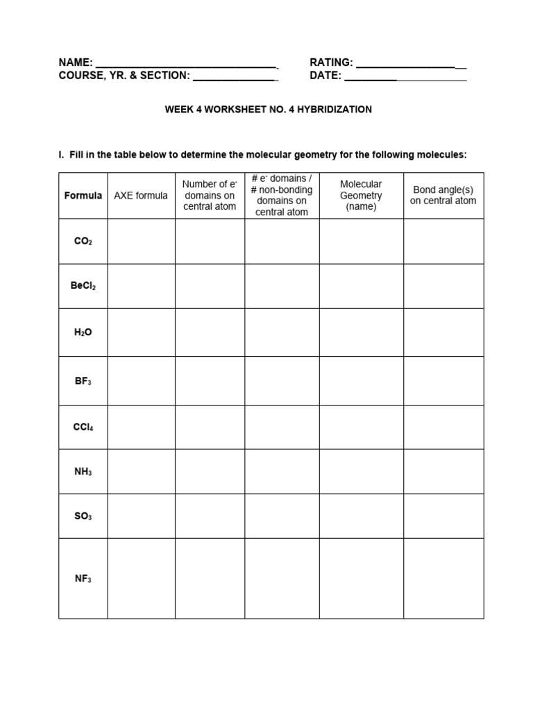 Week 4 Worksheet No. 4 Hybridization | PDF