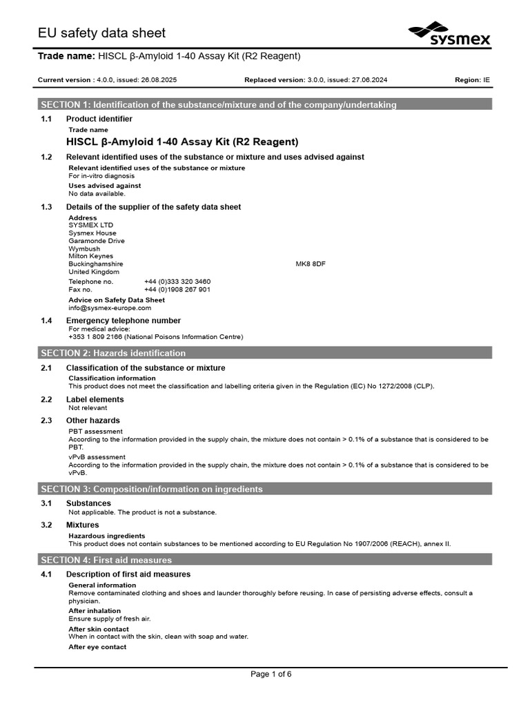HISCL - Amyloid 1-40 Assay Kit (R2 Reagent) - 795084 - SDS - IE - en ...