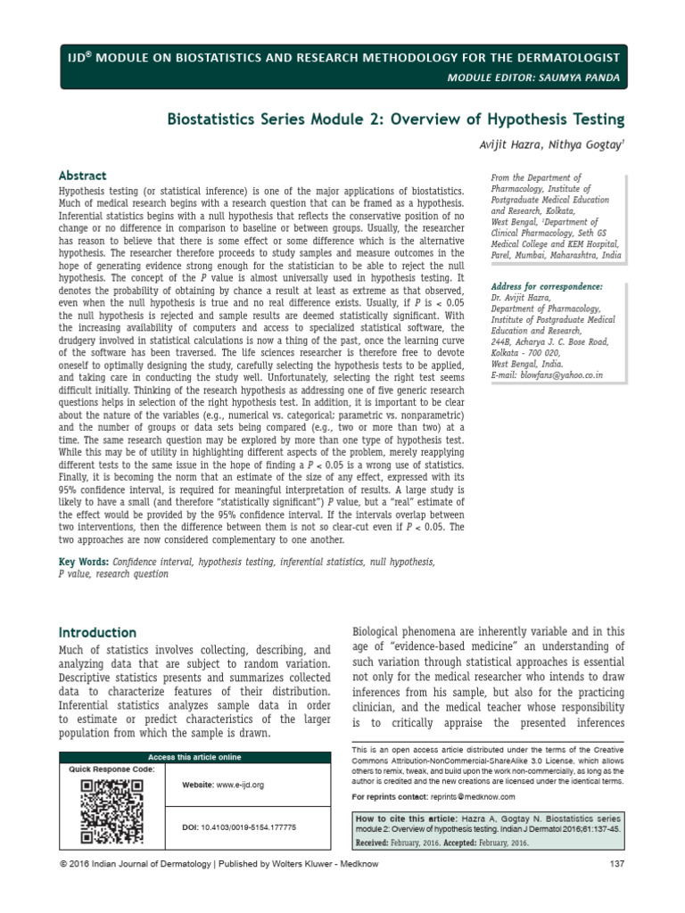 Overview of Hypothesis Testing in Biostatistics | PDF | P Value ...