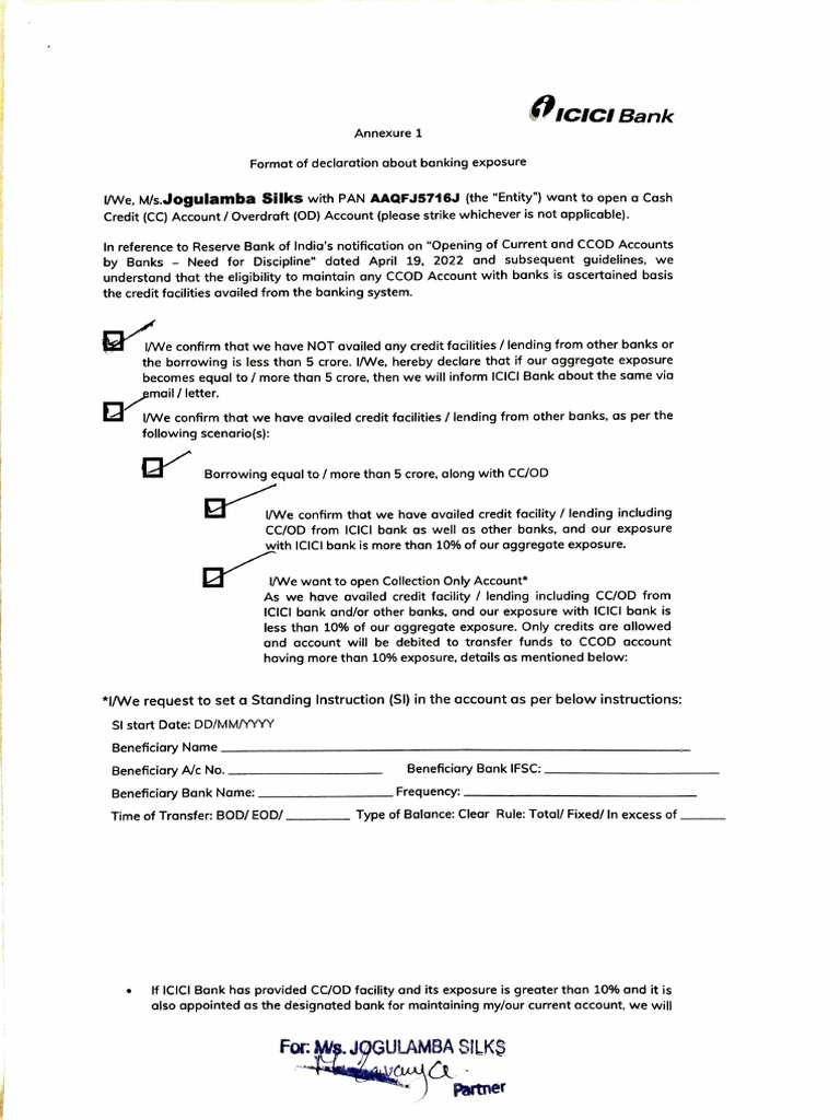 Declaration for CCOD Account Opening | PDF | Banks | Line Of Credit