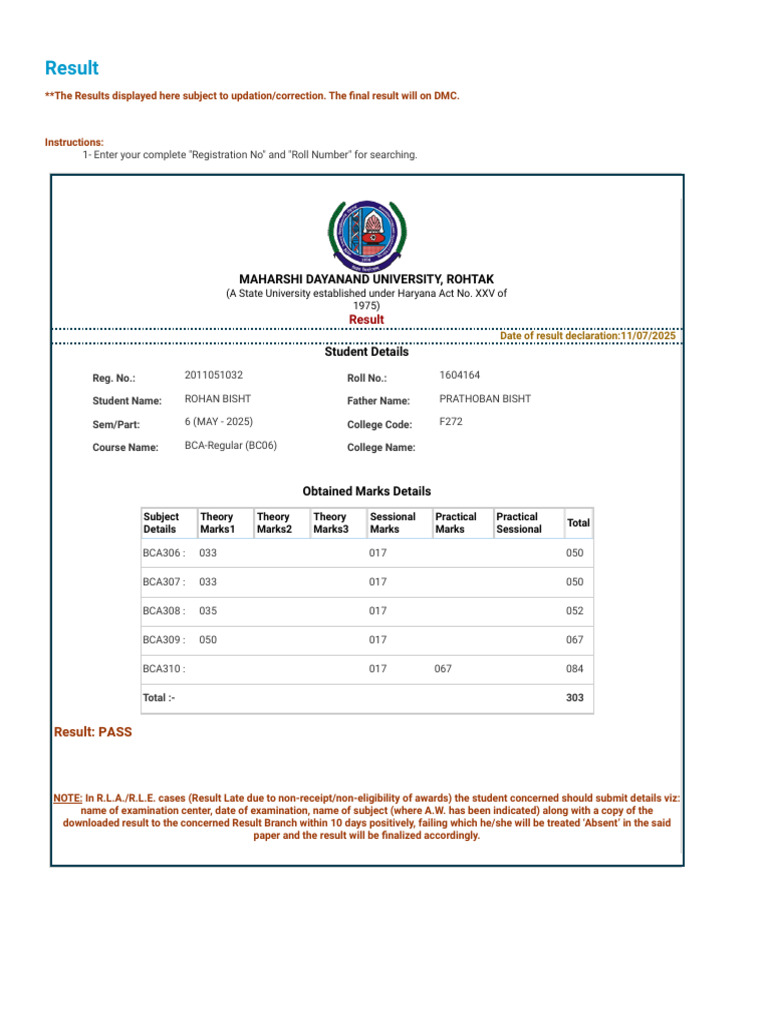BCA 6th Sem Result - Rohan Bisht | PDF