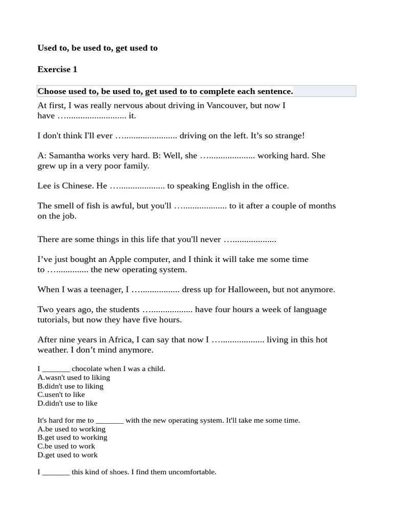 Used to, Be Used To, Get Used To Exercises | PDF