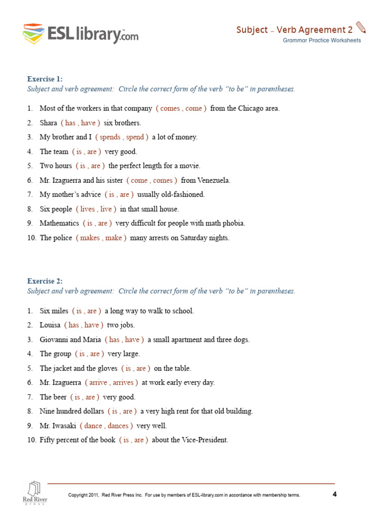 ESL Subject-Verb Agreement Exercises | PDF