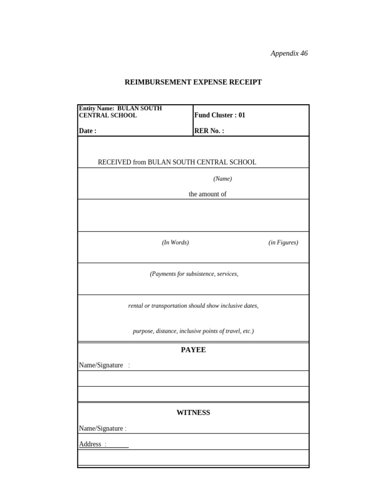 Reimbursement Expense Receipt: Fund Cluster: 01 Date: RER No. | PDF