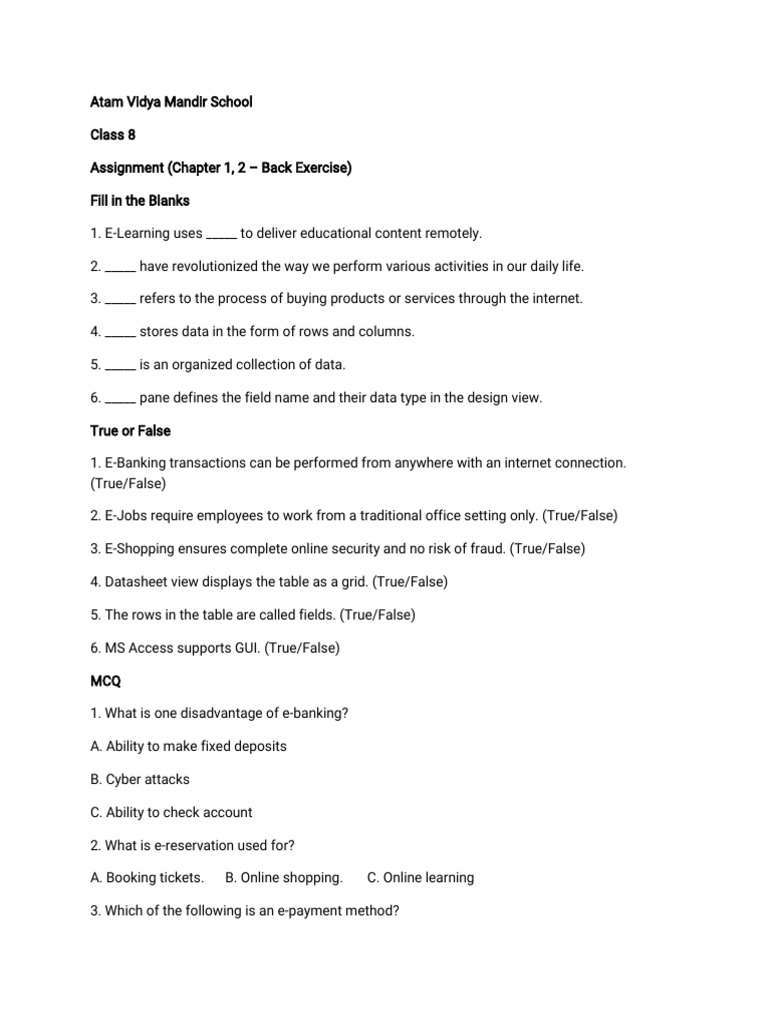 Class 8 E-Learning Assignment Guide | PDF