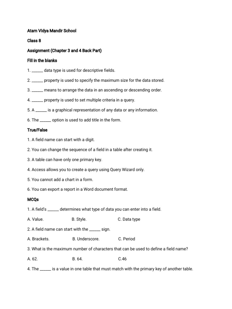 Class 8 Assignment: Data Types & Queries | PDF