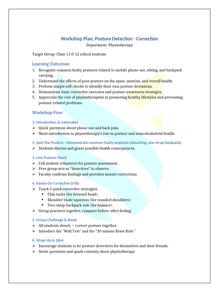 Workshop Plan - Physiotherapy | PDF