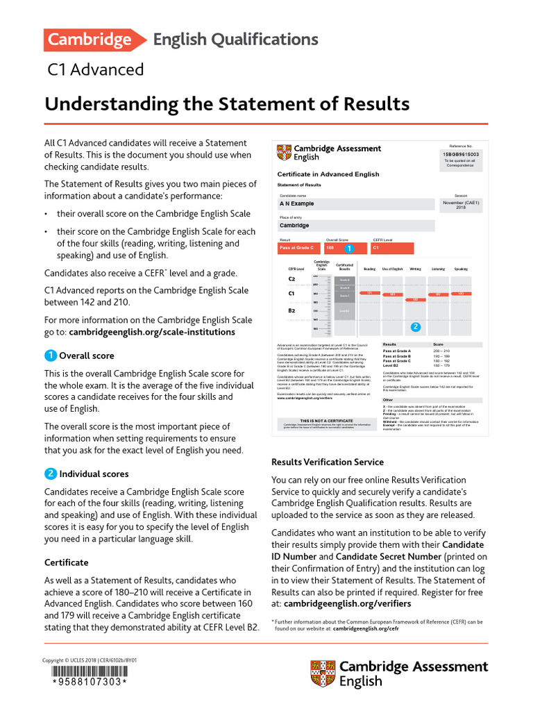 C1 Advanced Certificate Results Summary | PDF | Student Assessment And ...