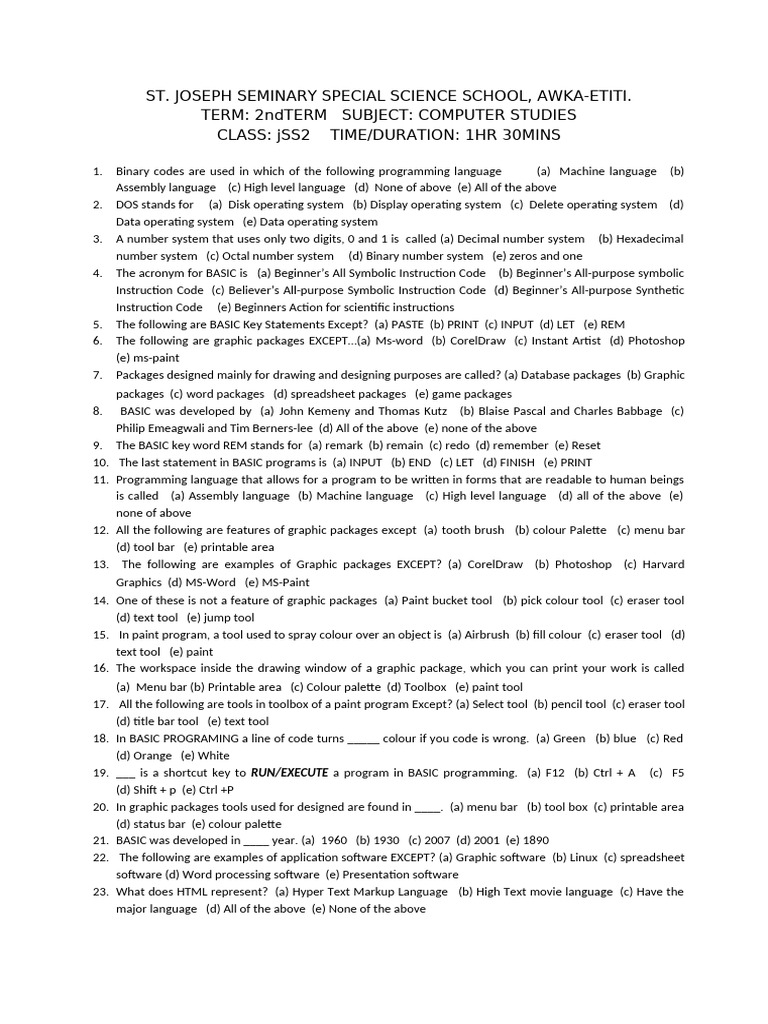 ST Joseph Jss2 2nd Term Exam - 102004 | PDF | Basic | Operating System