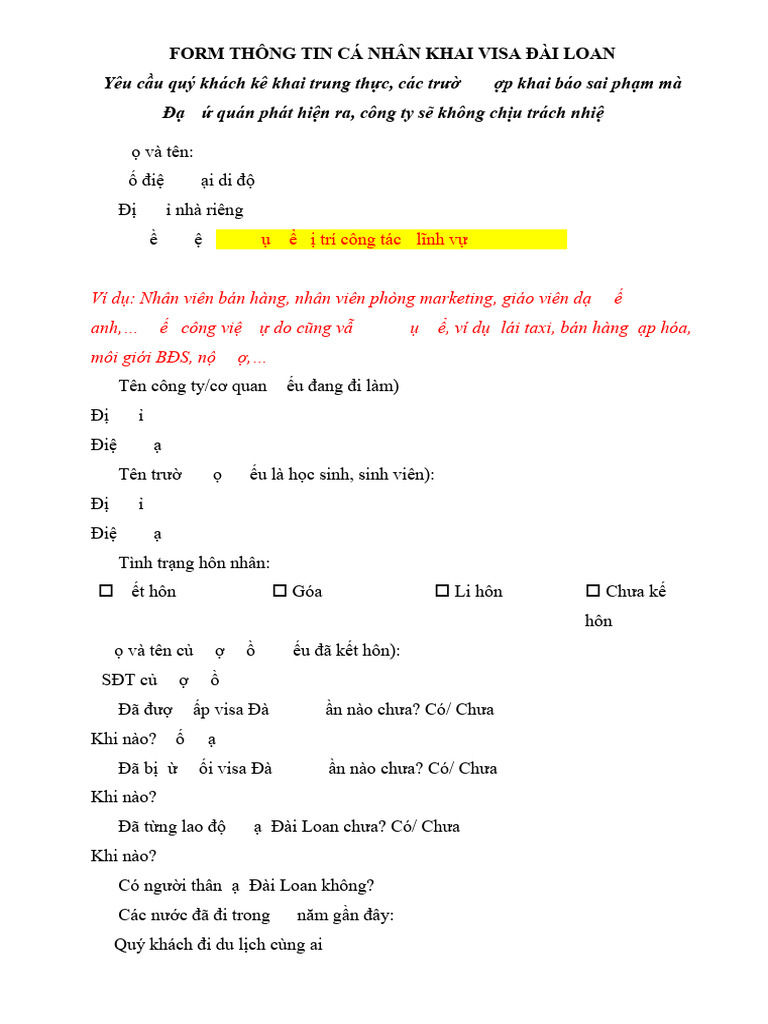 Form T Khai Xin Visa Đài | PDF