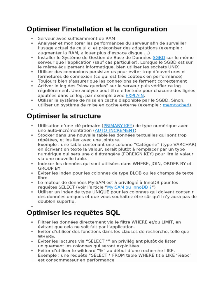 Optimisation des performances SQL et SGBD | PDF | Bases de données ...