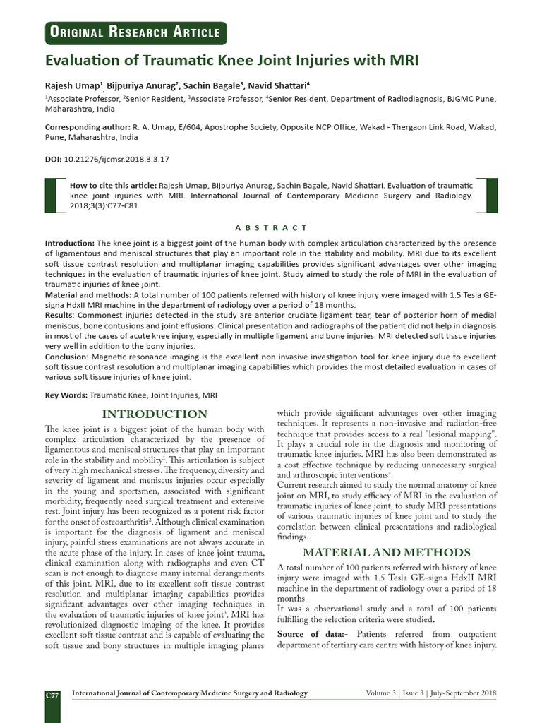 MRI Evaluation of Knee Injuries | PDF | Knee | Medical Imaging