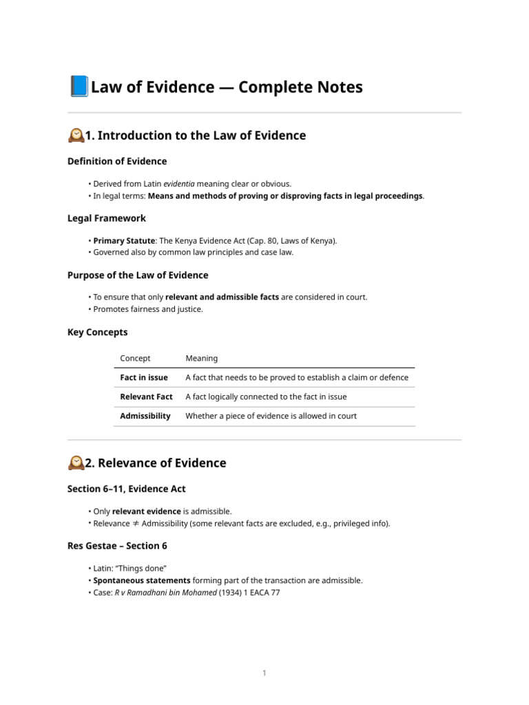 Law of Evidence Notes for Kenya | PDF | Evidence (Law) | Burden Of ...