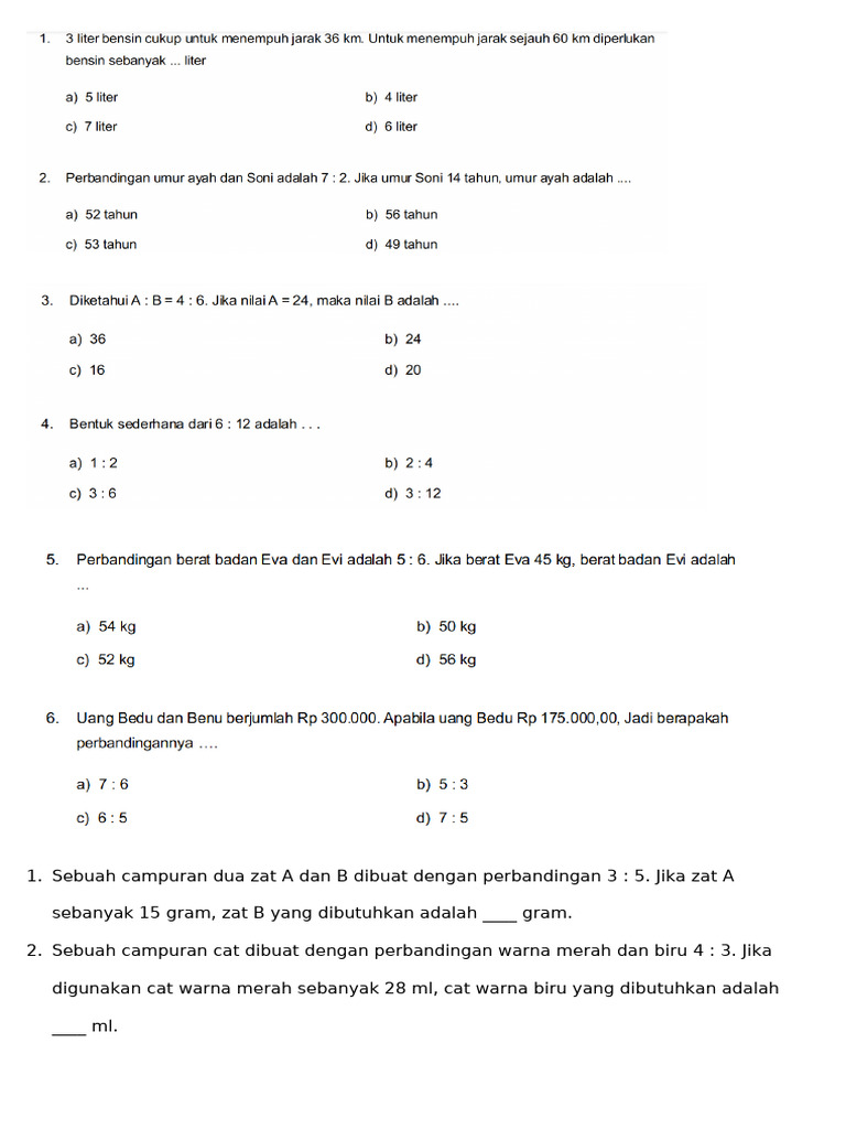 Soal Matematika Kelas 6 - Rasio | PDF