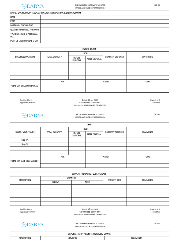 Sludge and Bilge Disposal Report Form | PDF | Shipping | Water Transport