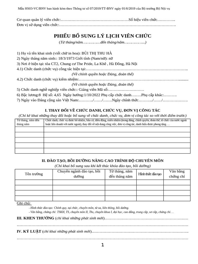 Mẫu 07 (Kê Khai Bổ Sung - VC) | PDF