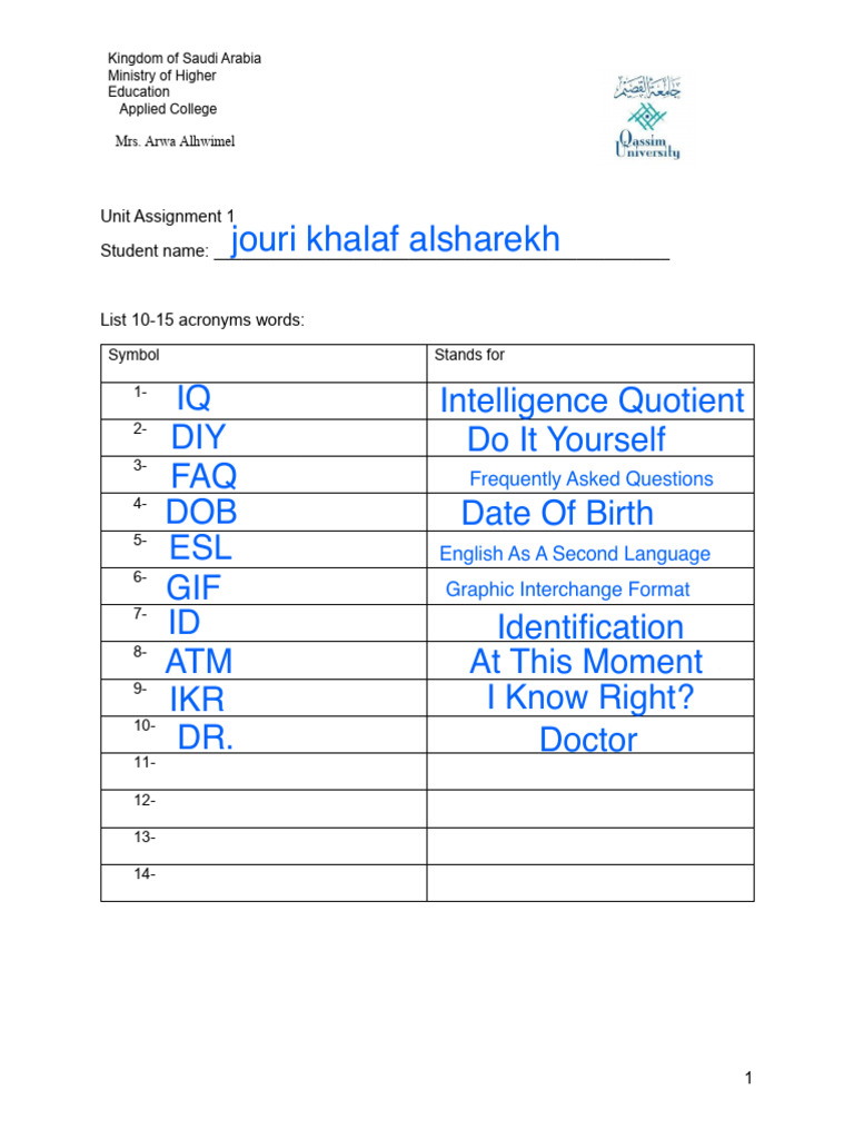 Acronyms List Assignment for Students | PDF