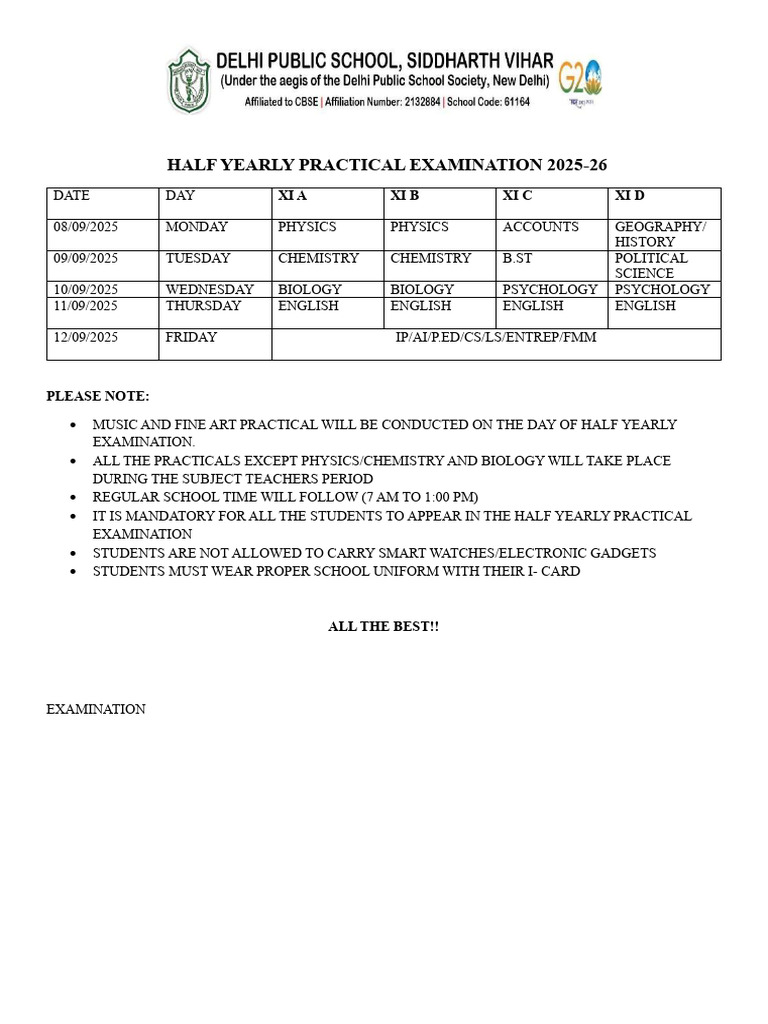 Half Yearly Practical Exam Schedule 2025 | PDF