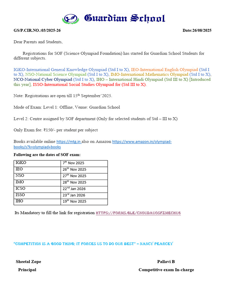 SOF Olympiad Registration for Guardian School | PDF